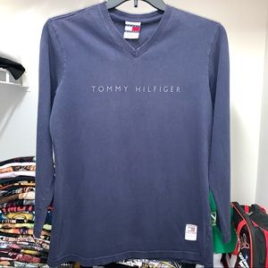 Vintage 90s Tommy Hilfiger Mens Long Sleeve V Neck Blue T Shirt Distressed M
